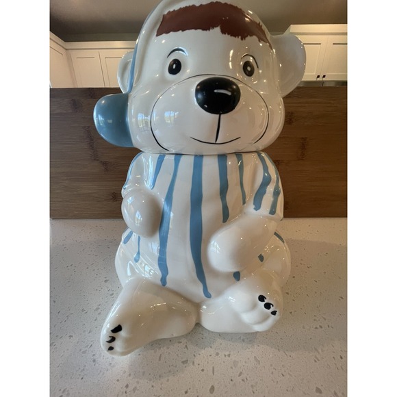 Teddy Bear Cookie Jar in Blue White Striped Pajamas With Night Cap Vintage - Picture 1 of 7
